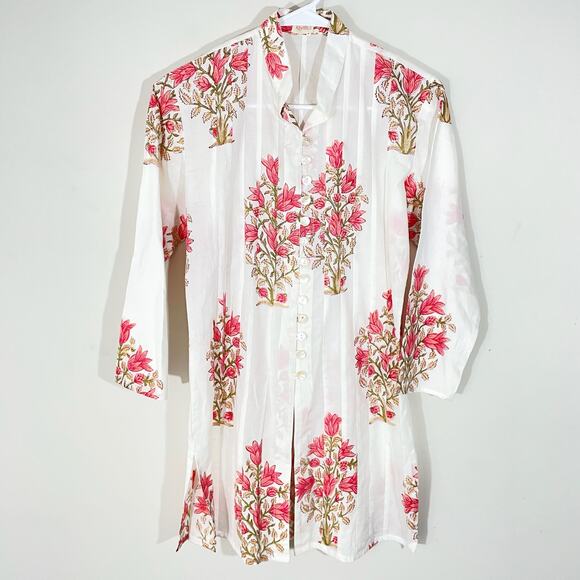 Kemble Palm Beach Button Up Kurta Tunic Womens Size XS Pink Floral - Picture 1 of 6